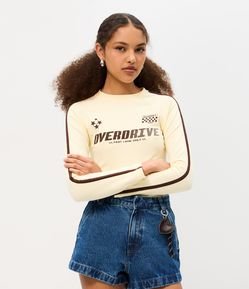Blusa Manga Longa em Algodão com Estampa Overdrive e Viés Contrastante