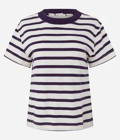 Blusa Slim Listrada em Algodão com Gola Contrastante