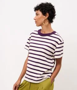 Blusa Slim Listrada em Algodão com Gola Contrastante