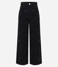 Calça Jeans Wide Leg com Aplicações de Brilho