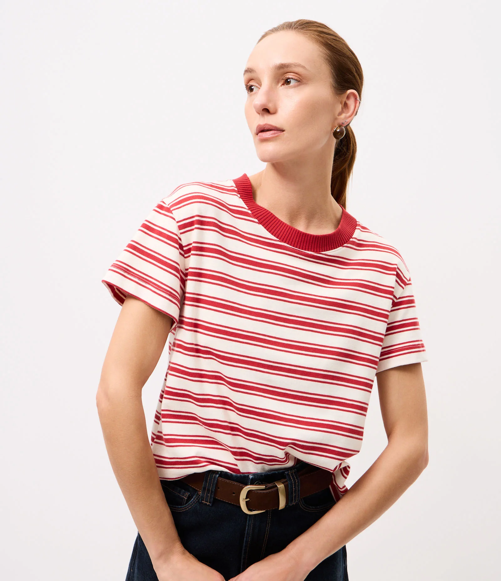 Camiseta em Algodão com Estampa Listrada Branco/Vermelho 1