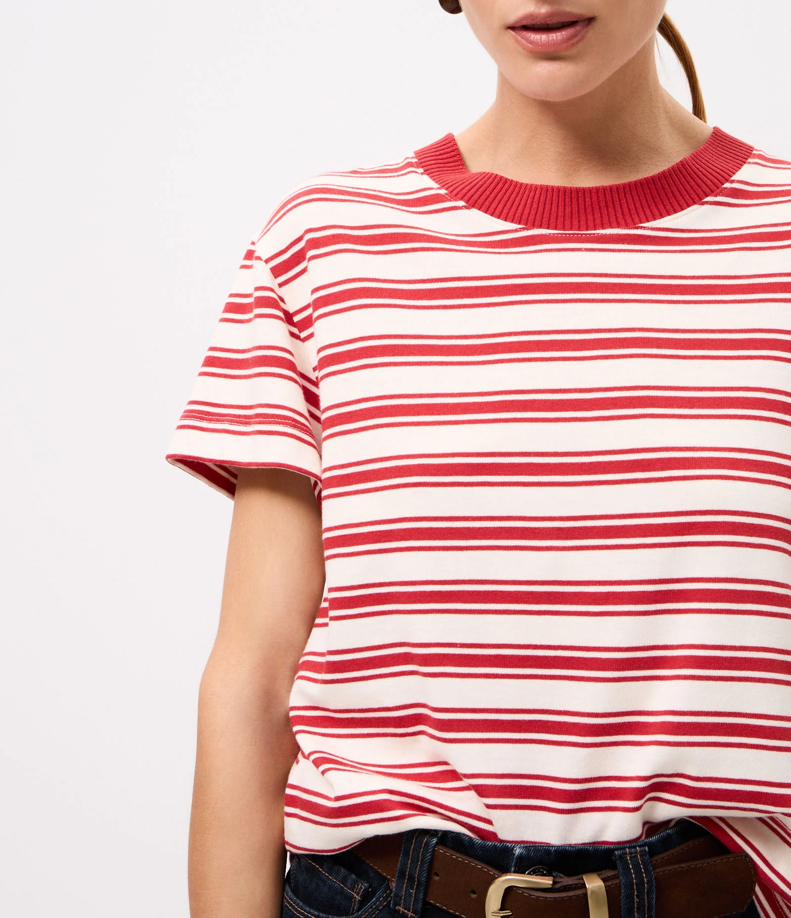 Camiseta em Algodão com Estampa Listrada Branco/Vermelho 4