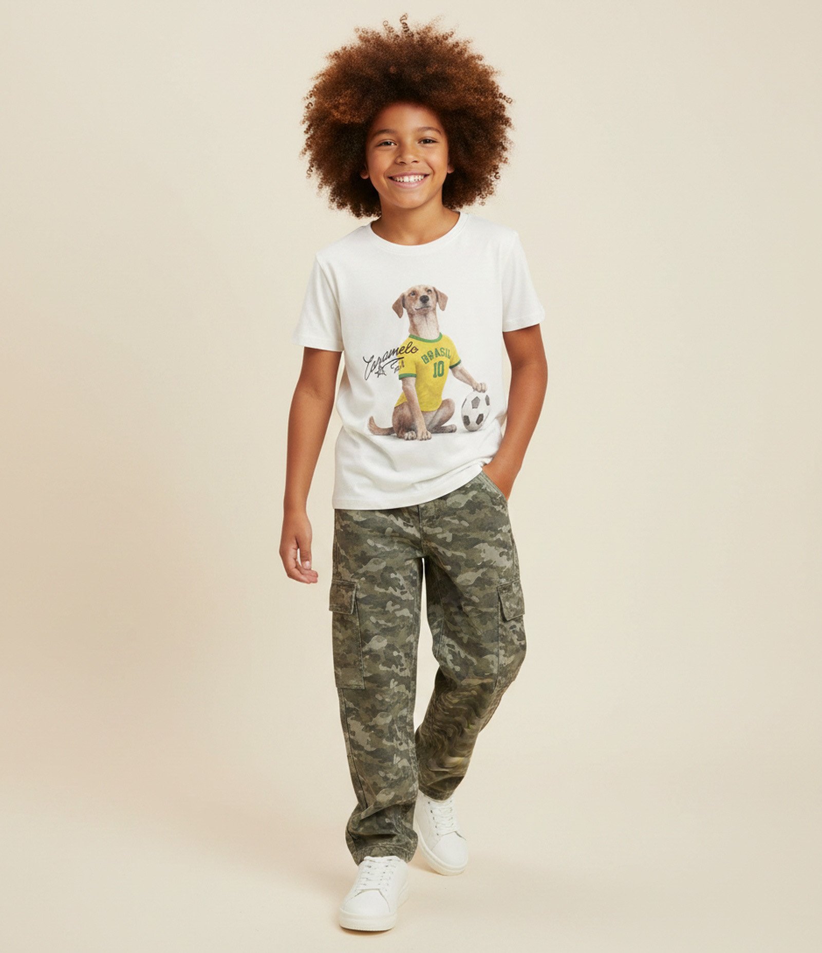 Camiseta Infantil com Estampa Cachorro Caramelo do Brasil – Tam 5 a 14 Anos Off White 1