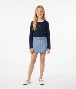 Short Saia Jeans com Estampa de Cerejas Infantil - Tam 5 a 16 Anos