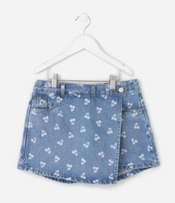 Short Saia Jeans com Estampa de Cerejas Infantil - Tam 5 a 16 Anos