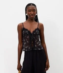 Blusa de Alcinha em Tule Floral com Detalhe em Renda