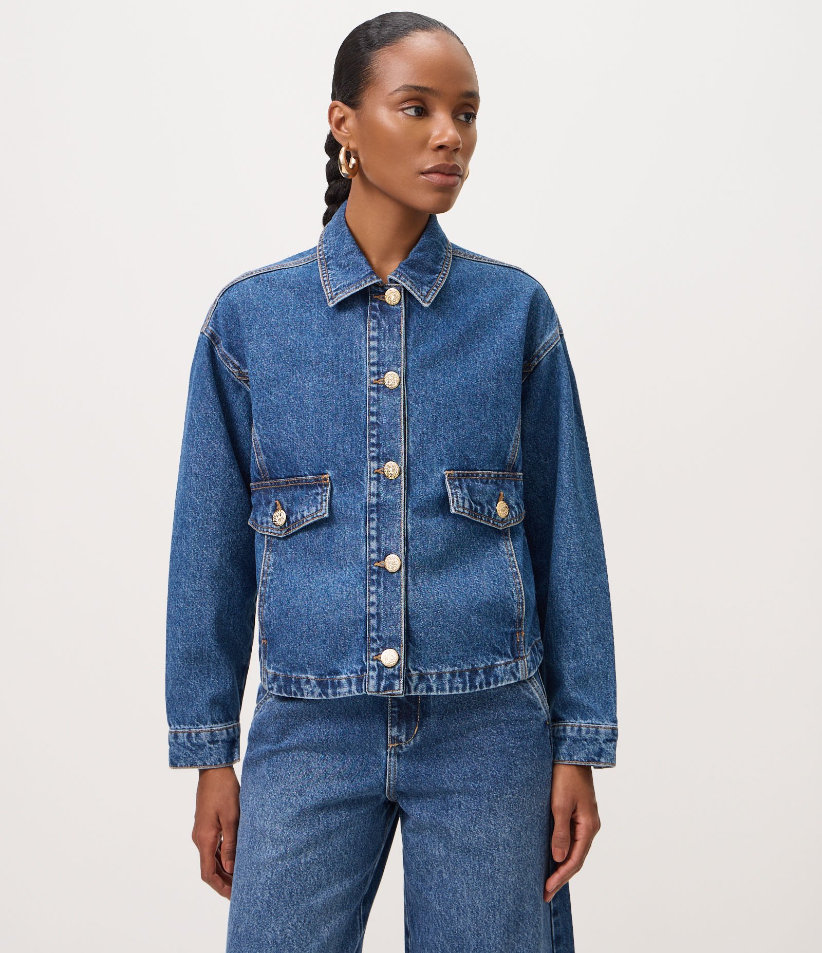Jaqueta Jeans Overshirt com Botões Frontais Azul Médio 1