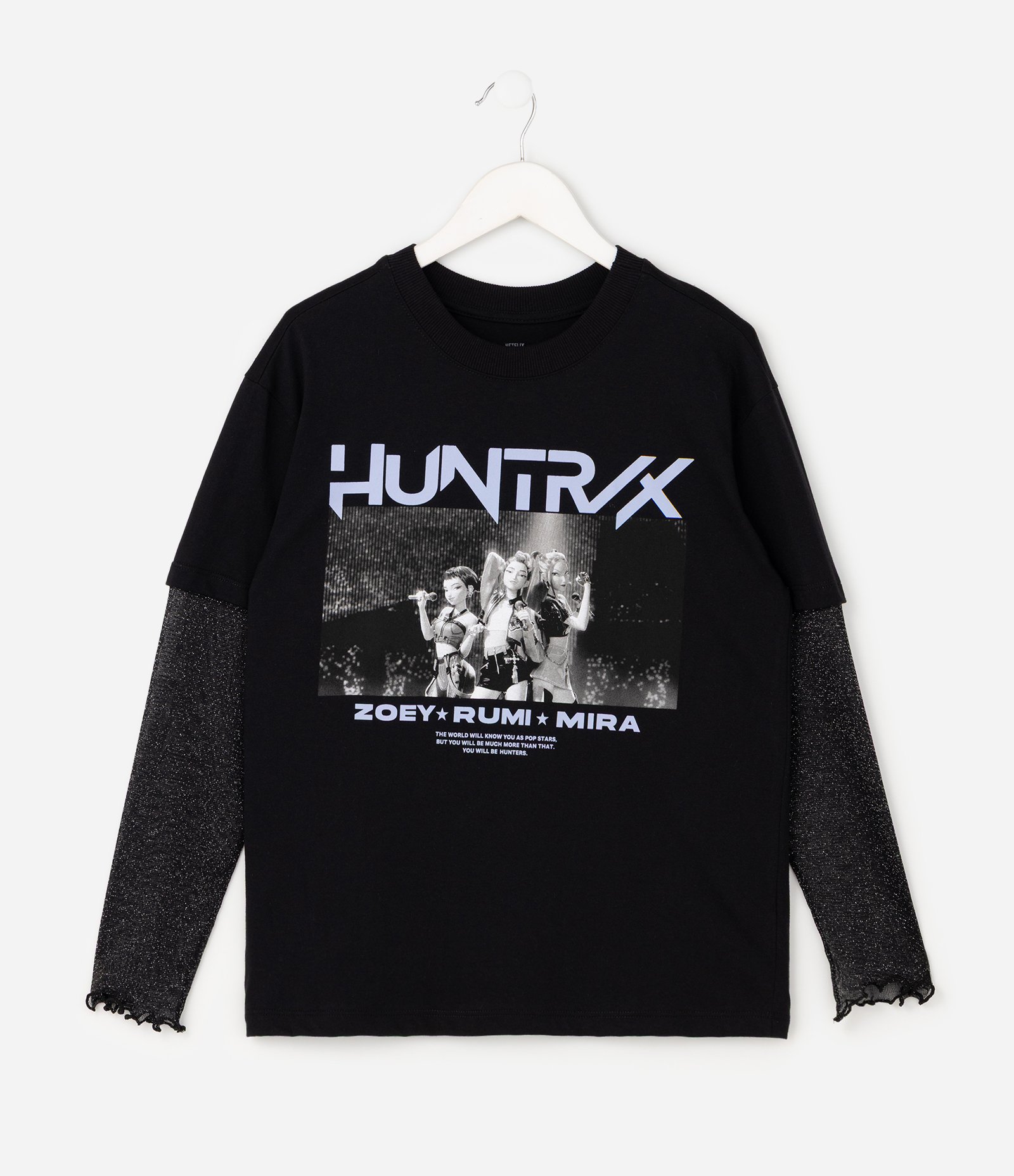 Blusa Infantil com Mangas de Tule e Estampa Huntrix Guerreiras K-Pop – Tam 1 a 14 Anos Preto 2