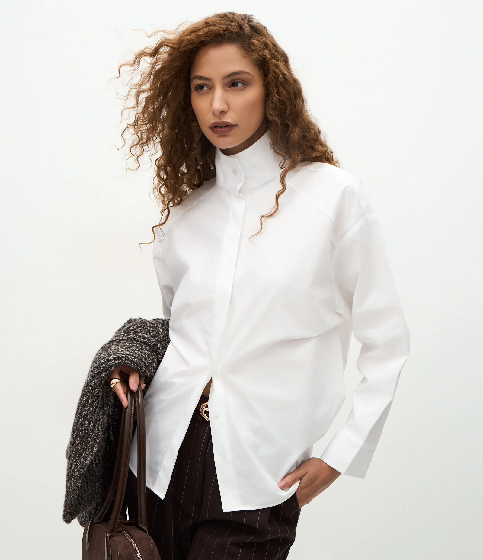 Camisa em Tricoline com Gola Alta Branco 1