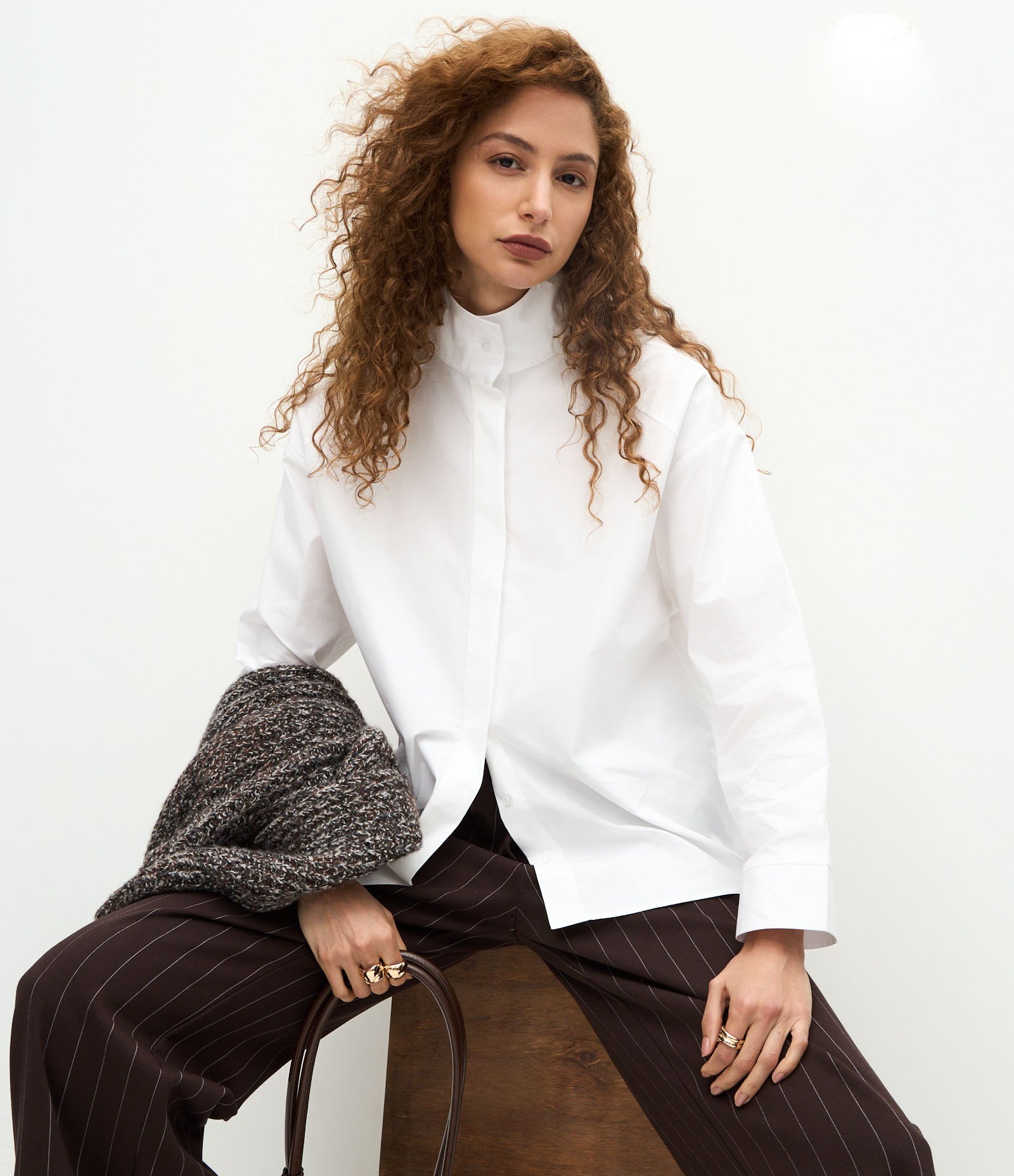 Camisa em Tricoline com Gola Alta Branco 5