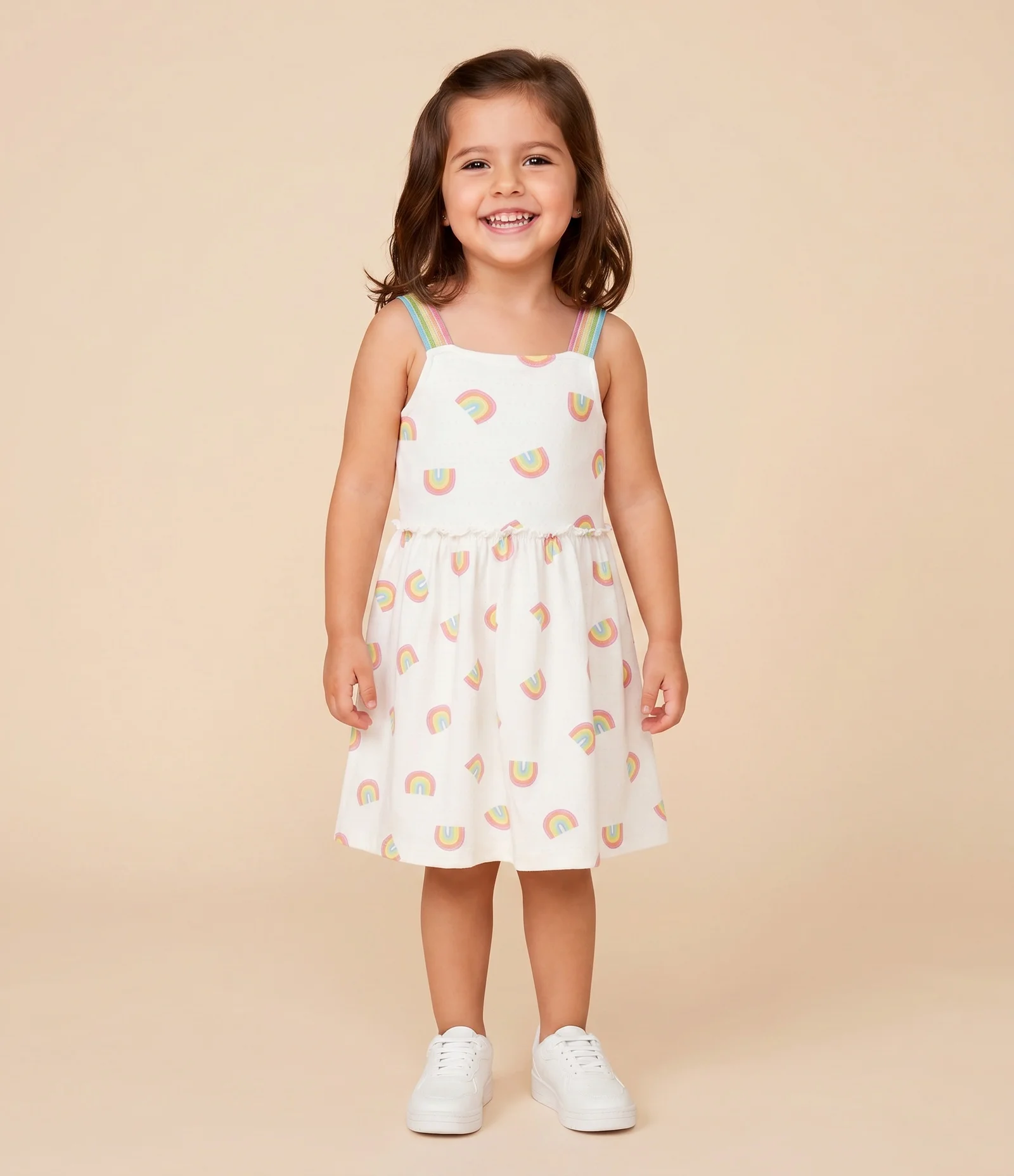 Vestido Infantil Texturizado com Estampa Fullprint Arco-Íris – Tam 1 a 6 Anos Off White 1
