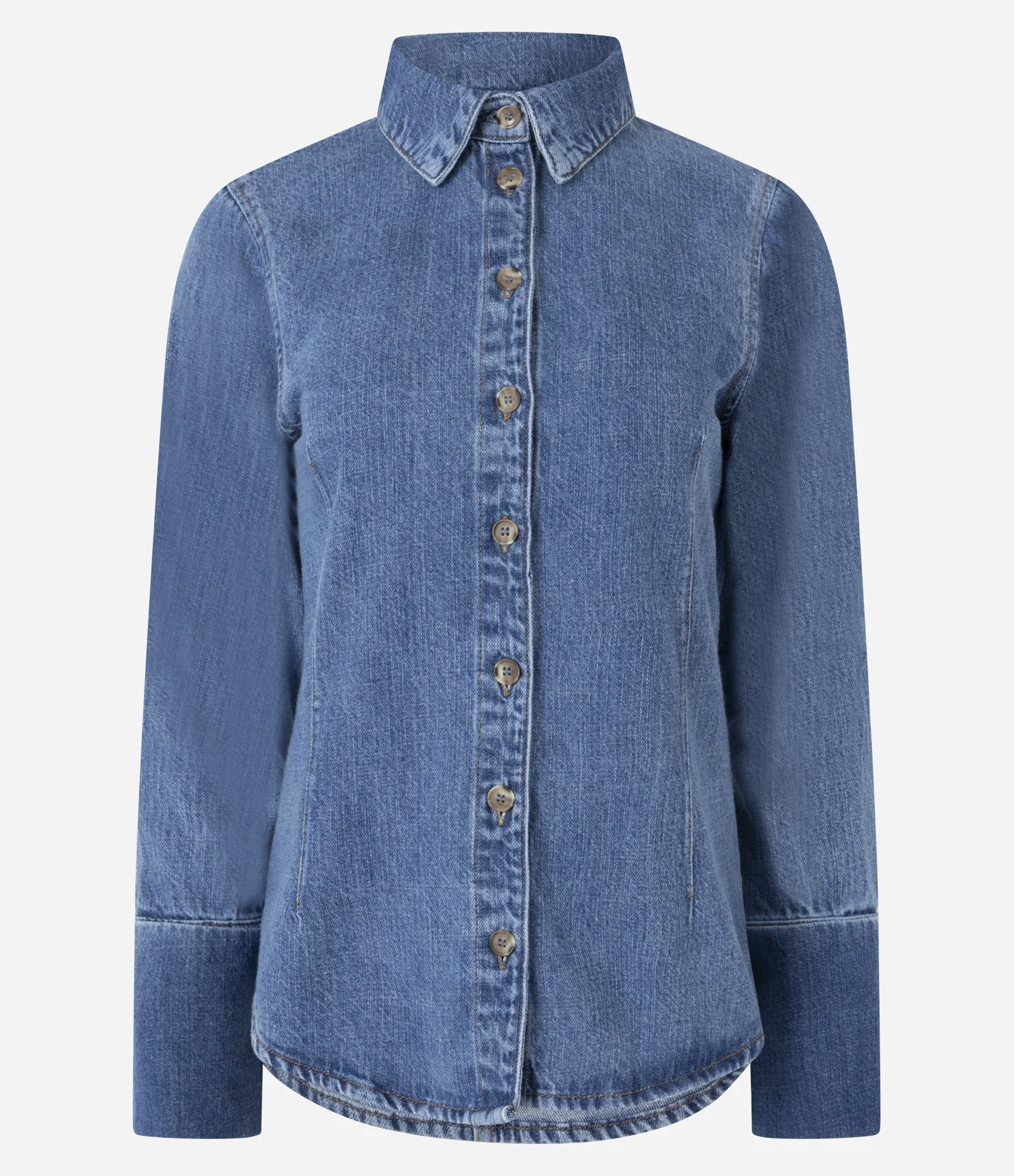 Camisa em Jeans com Botões e Punhos Alongados Azul Claro 1