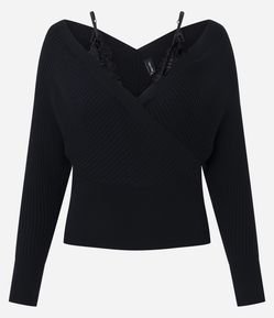 Blusa Ombro a Ombro em Tricô Canelado com Alças em Renda