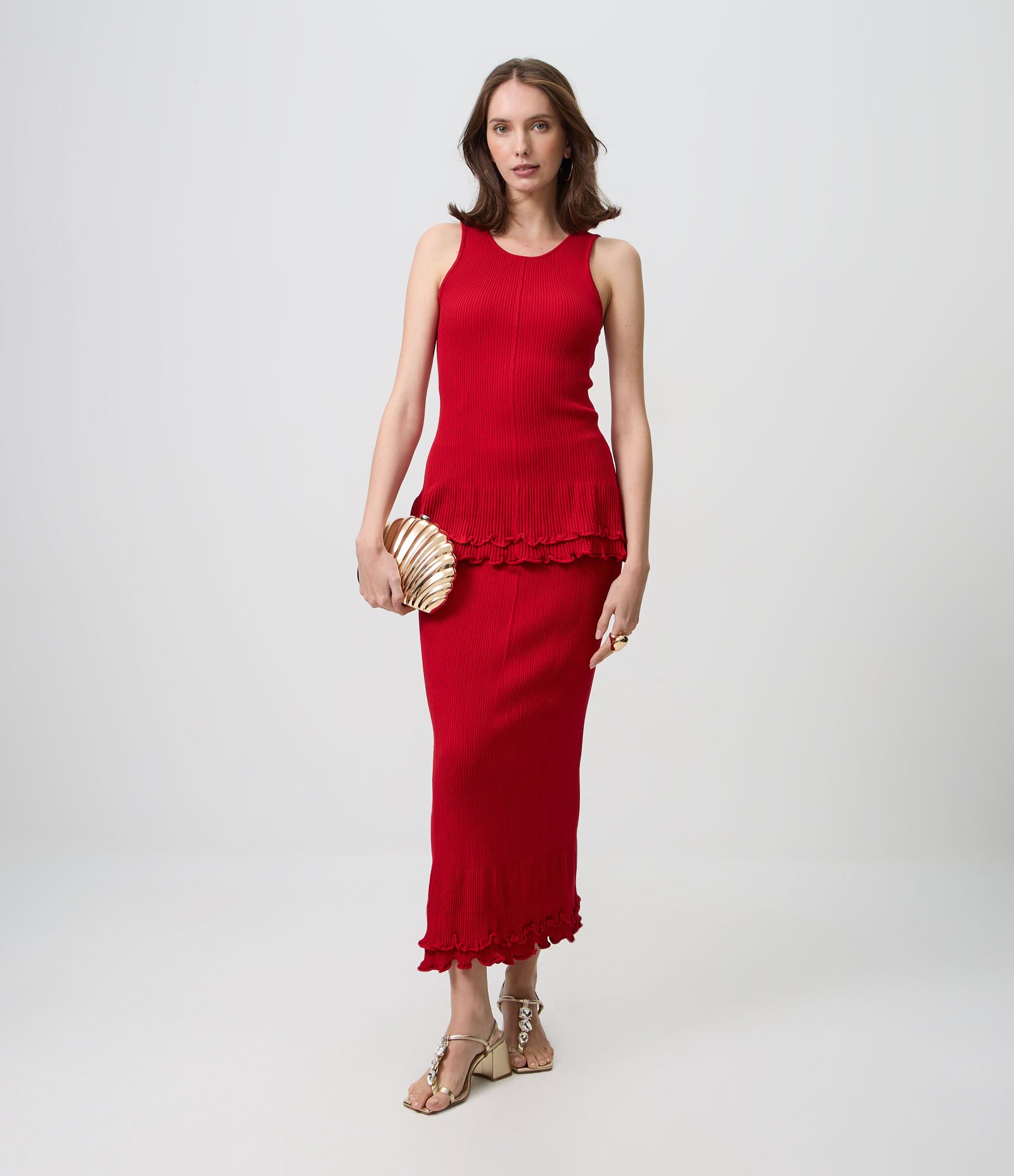 Saia Midi em Tricô com Barra Ondulada Vermelho 1