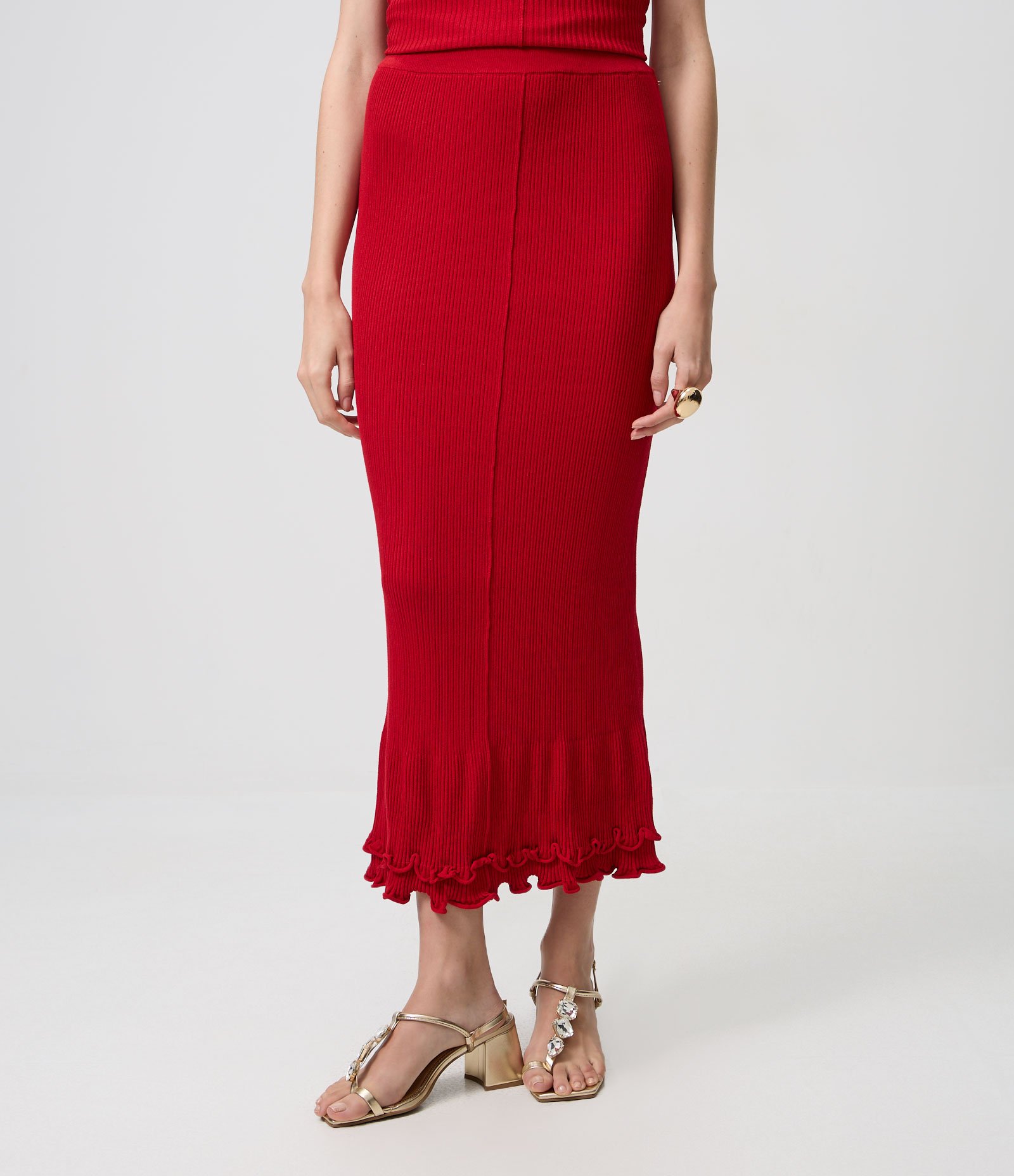 Saia Midi em Tricô com Barra Ondulada Vermelho 2