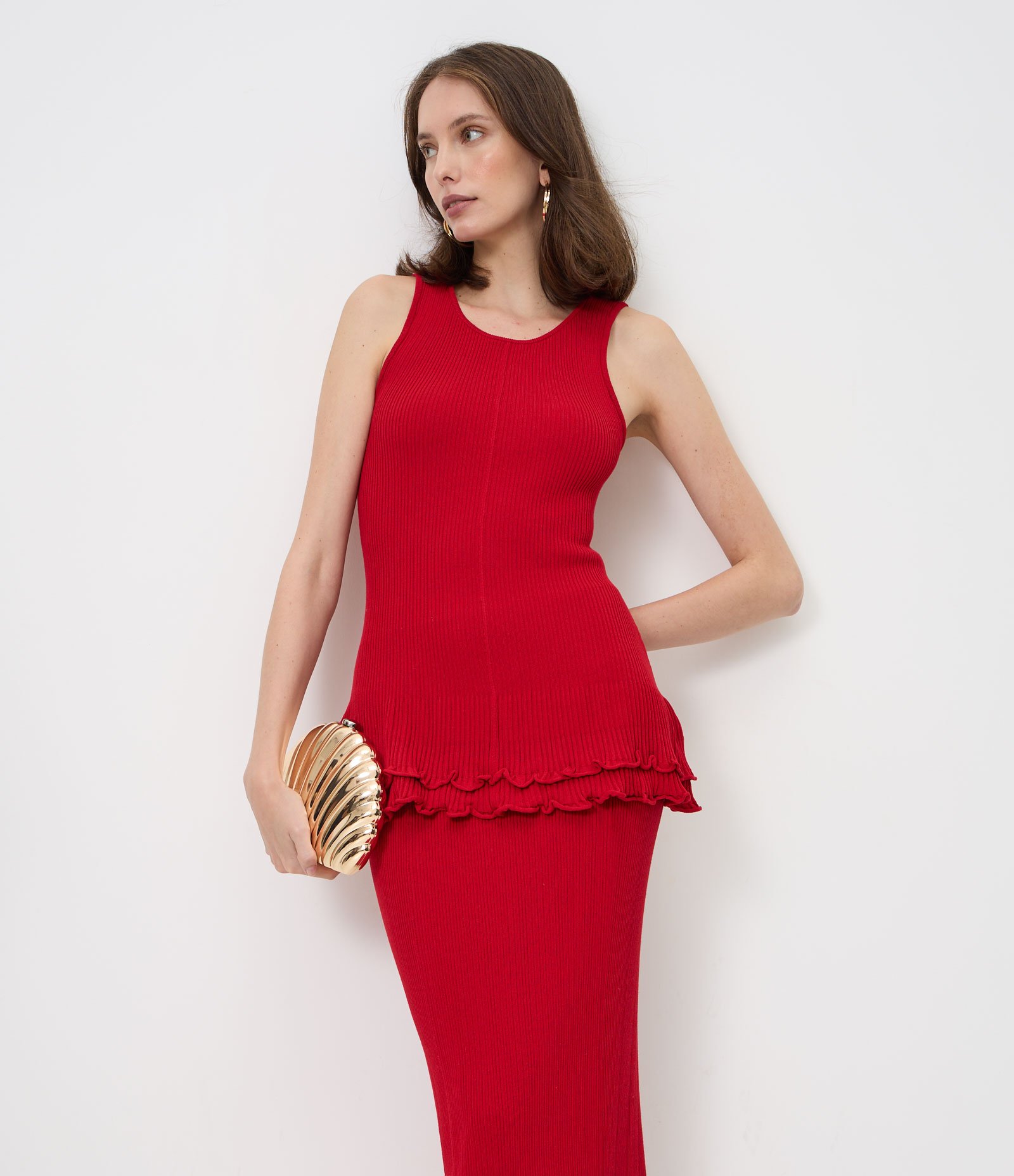 Saia Midi em Tricô com Barra Ondulada Vermelho 5