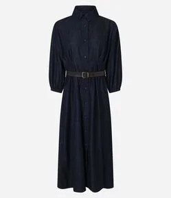 Vestido Midi em Jeans com Manga Longa e Cinto