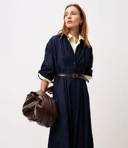 Vestido Midi em Jeans com Manga Longa e Cinto