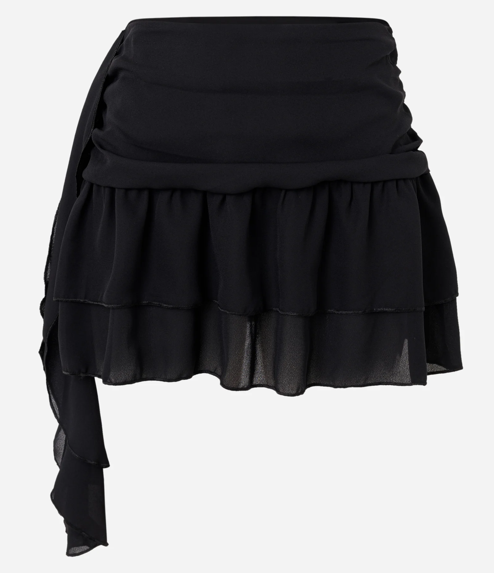 Saia Curta em Chiffon com Babados e Pontas Laterais Preto 1