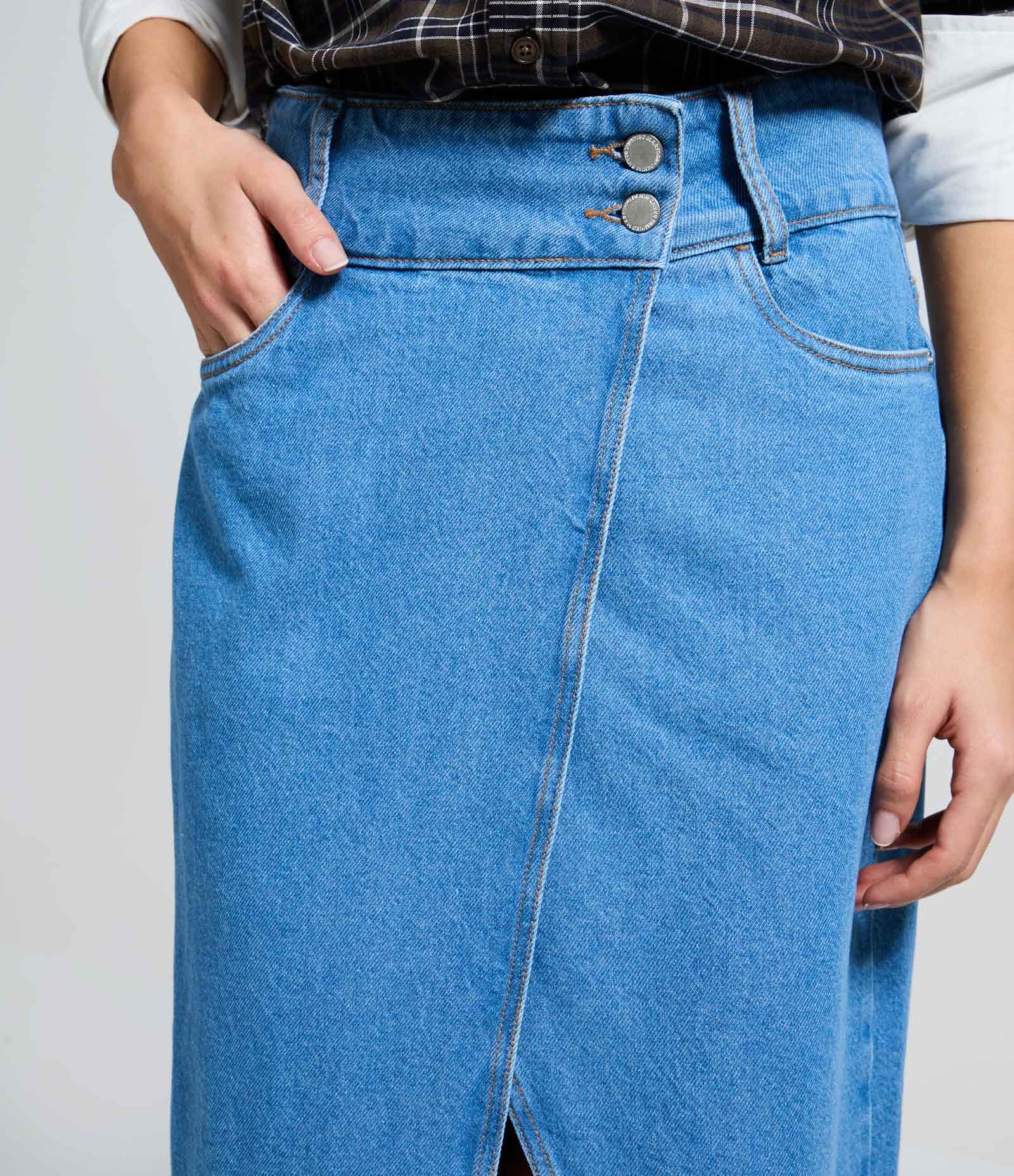Saia Longa em Jeans com Fenda Frontal Azul 4