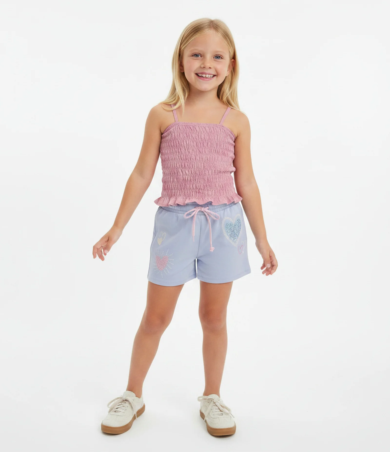 Short Infantil em Algodão com Cós Ajustável e Estampa de Corações - Tam 5 a 14 Anos Azul 1