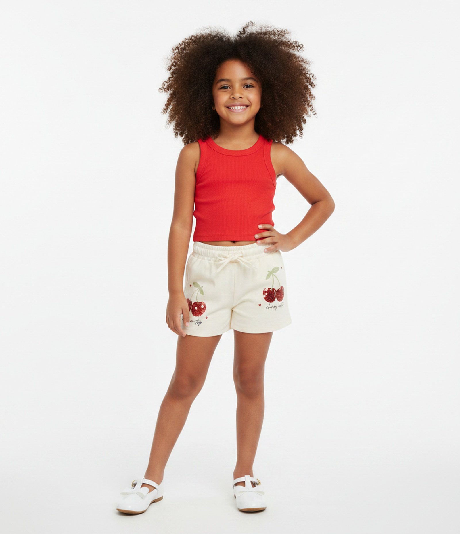 Short Infantil  em Algodão com Estampa de Cerejas e Glitter - Tam 5 a 14 Anos Bege 1
