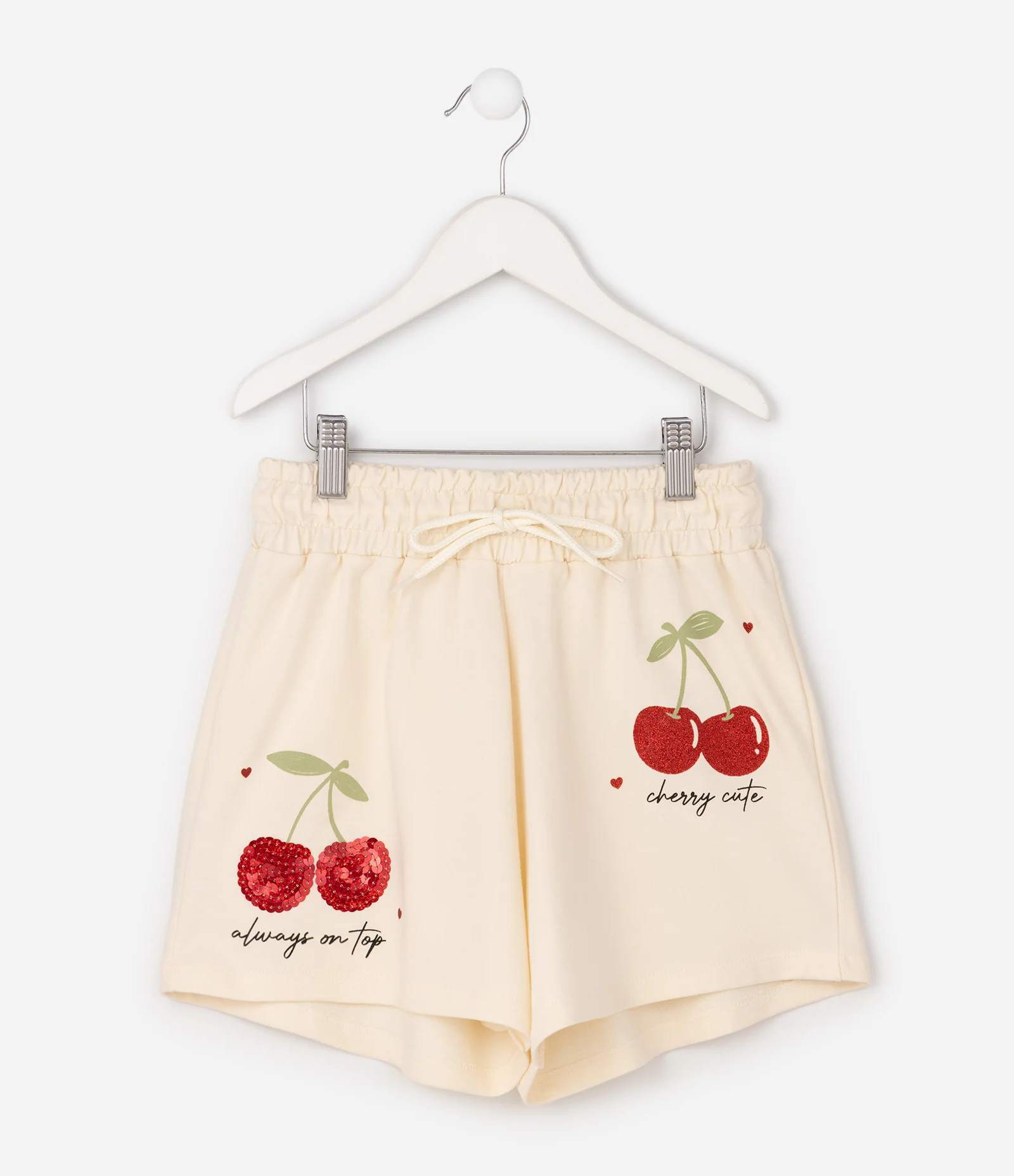 Short Infantil  em Algodão com Estampa de Cerejas e Glitter - Tam 5 a 14 Anos Bege 2