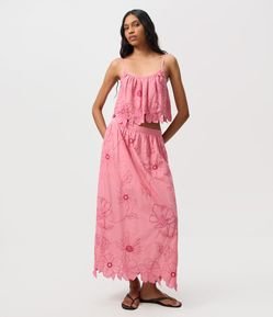 Saia Long Midi em Algodão com Bordado de Flores