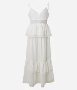Vestido Midi em Tricoline com Babados e Detalhes em Renda