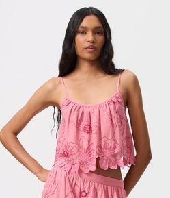 Blusa Alcinha com Bordado de Flores e Barra Recortada