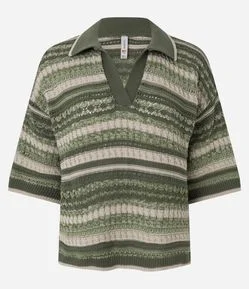 Camiseta Oversized em Tricô Listrado com Gola Polo