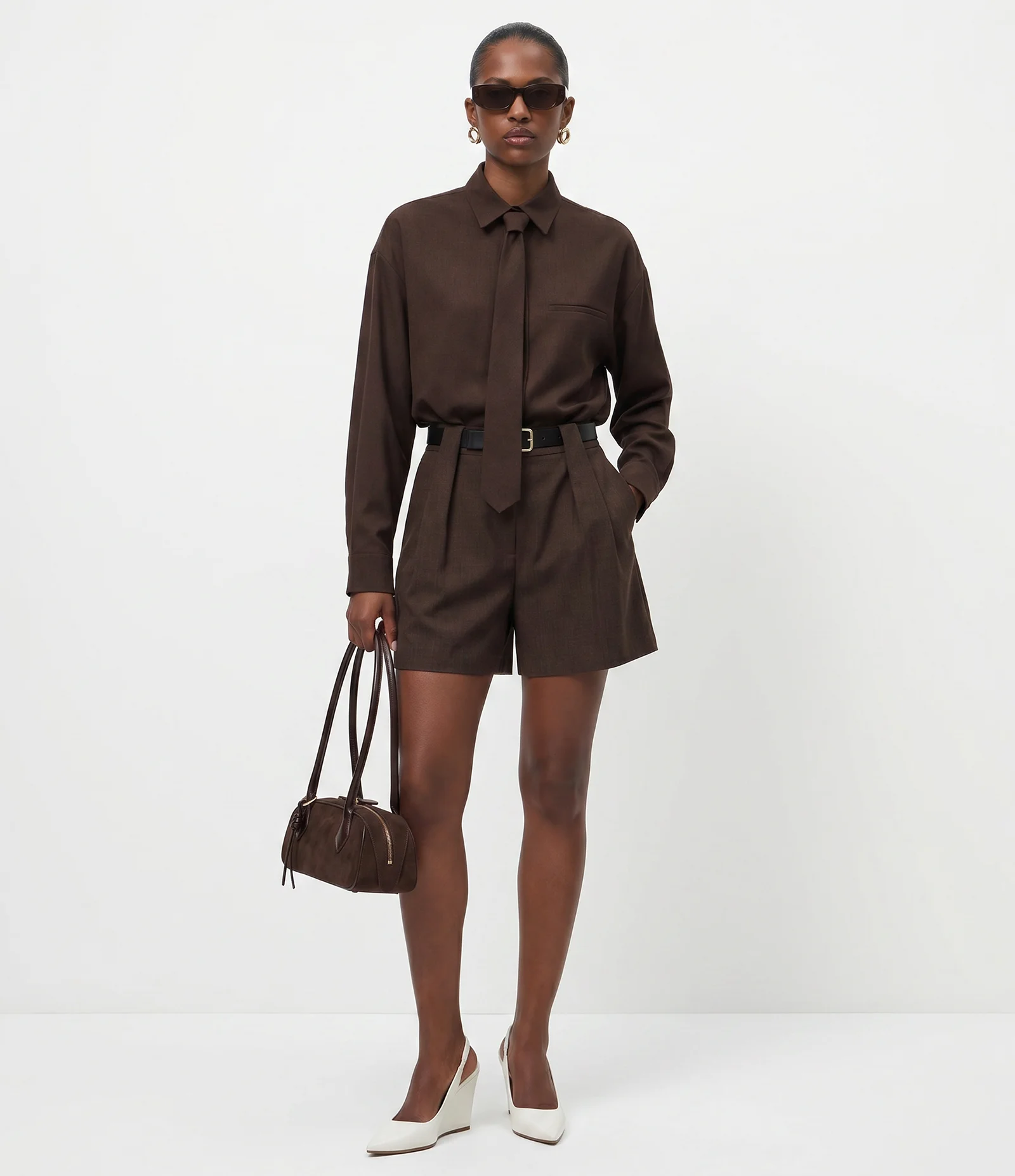 Camisa Oversized em Viscose com Gravata Removível Marrom 1