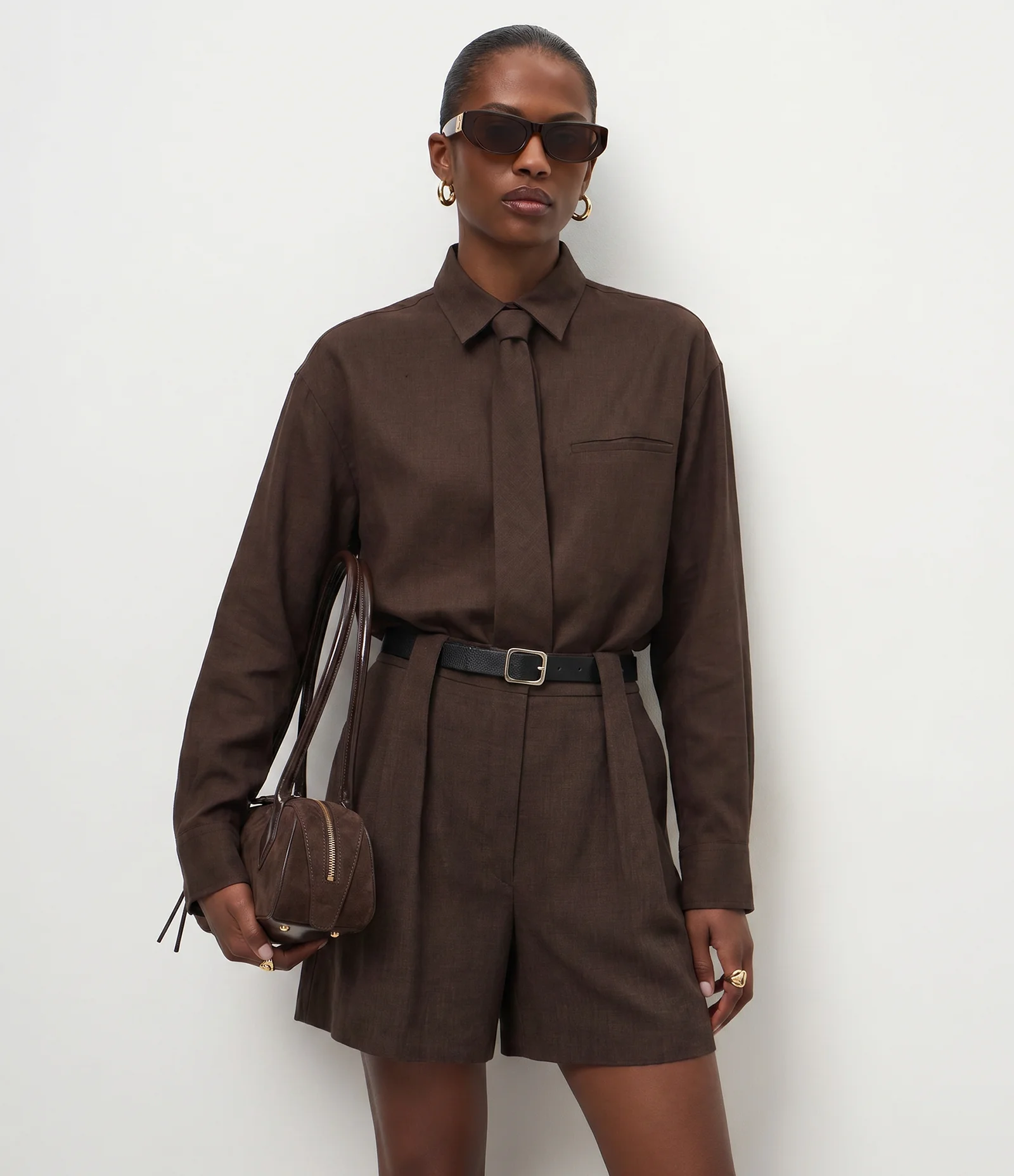Camisa Oversized em Viscose com Gravata Removível Marrom 2