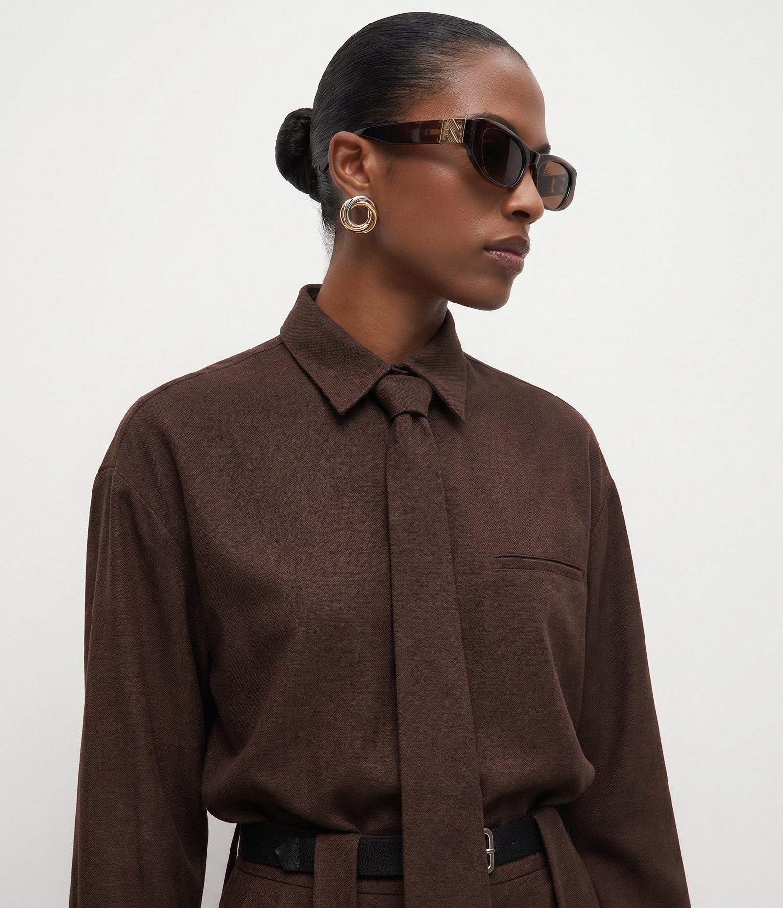 Camisa Oversized em Viscose com Gravata Removível Marrom 3