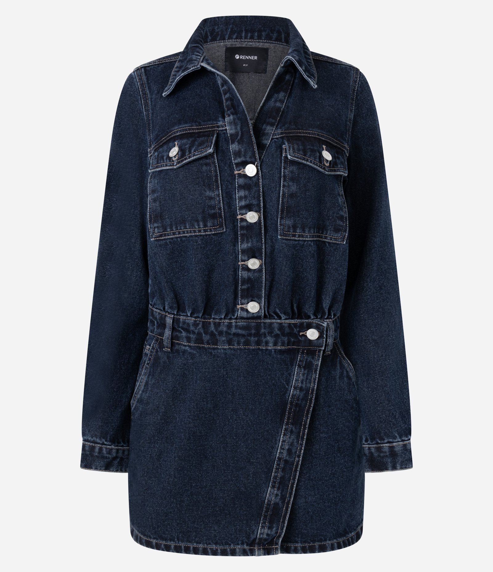 Vestido Curto em Jeans com Transpasse e Bolsos Frontais Azul 1