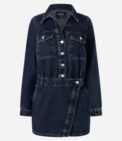 Vestido Curto em Jeans com Transpasse e Bolsos Frontais