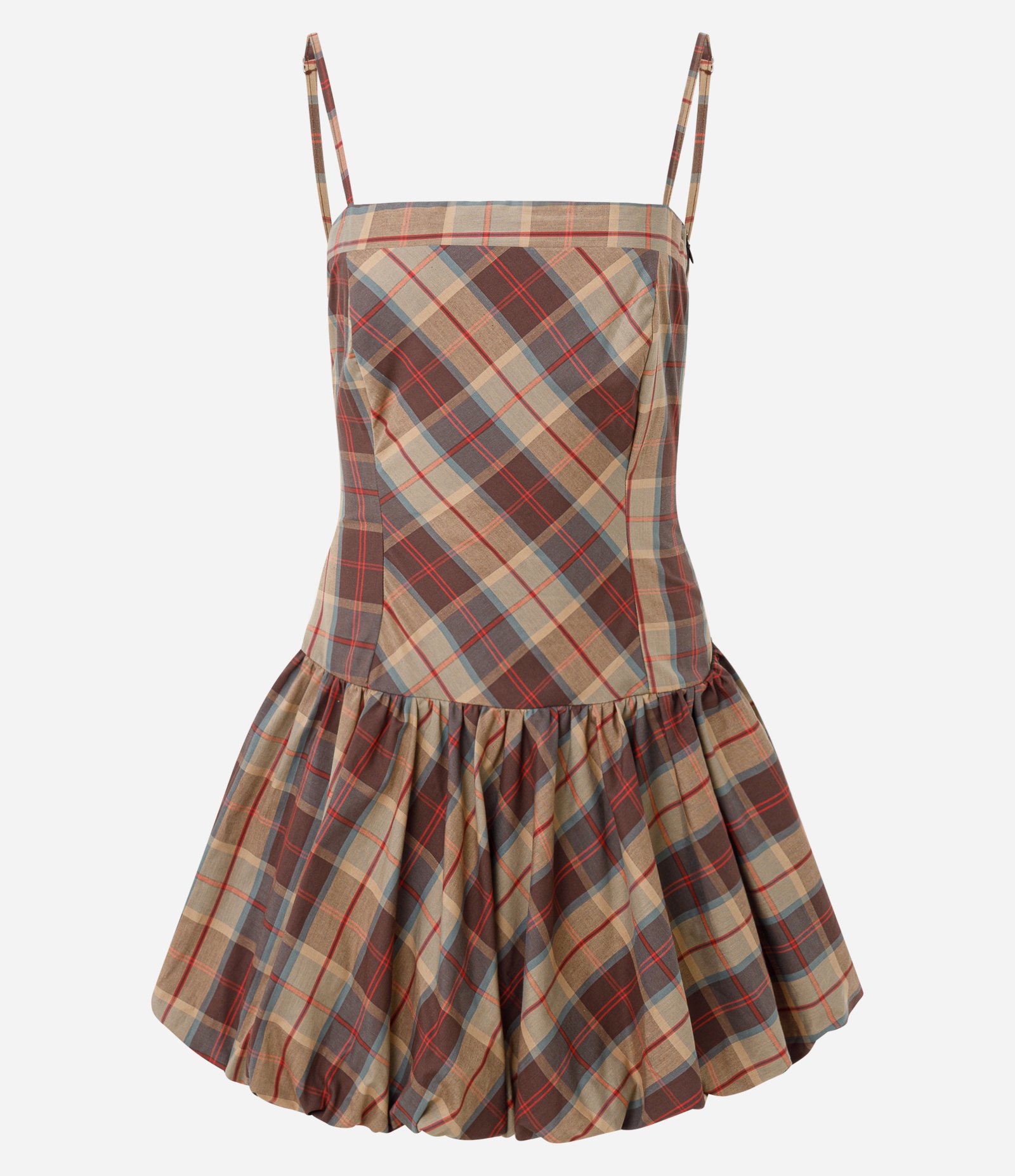 Vestido Curto Balonê em Tricoline Xadrez com Alcinhas Bege 5