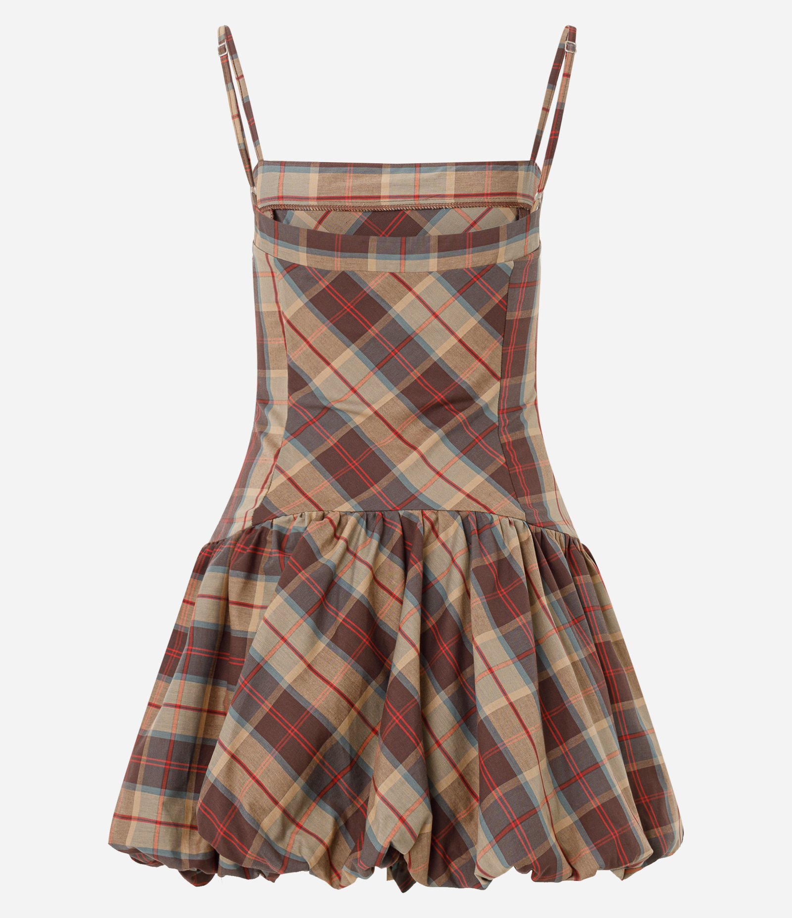 Vestido Curto Balonê em Tricoline Xadrez com Alcinhas Bege 6