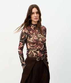 Blusa em Tule com Estampa Floral e Gola Alta