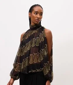 Blusa em Tule com Estampa Abstrata e Manga com Abertura