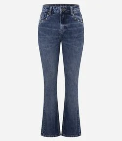 Calça Bootcut em Jeans com Cintura Média e Tachas