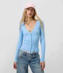 Cardigan em Tricô Canelado com Renda e Abotoamento