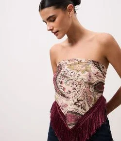 Lenço com Estampa Paisley e Franjas Aplicadas