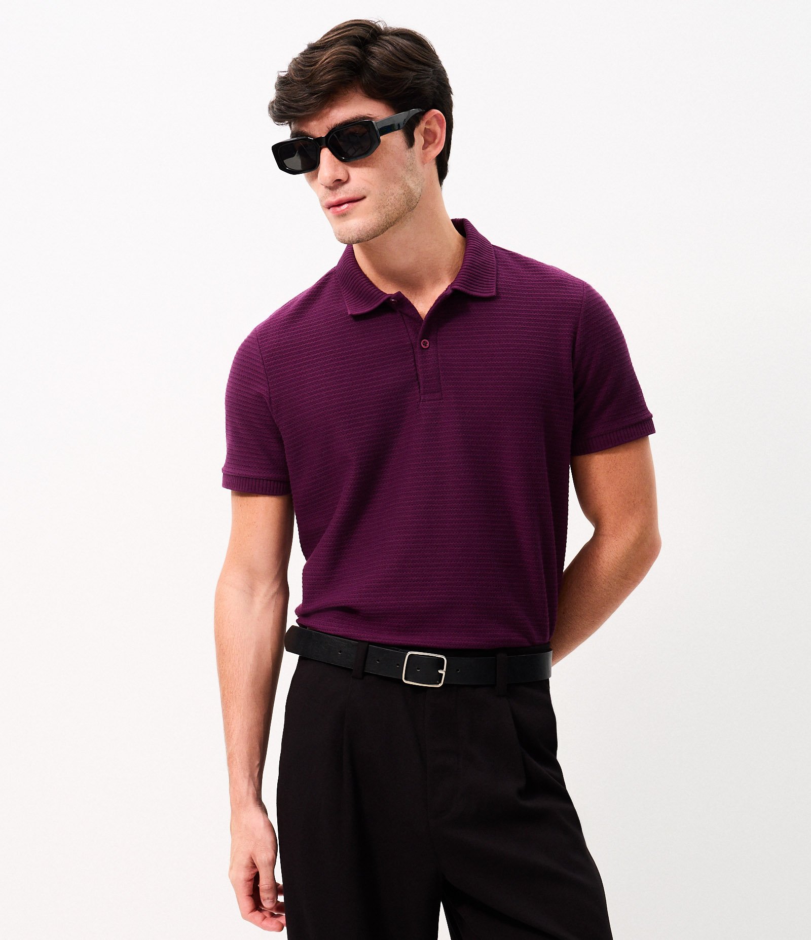 Camisa Polo Regular em Jacquard Texturizada Roxo 1