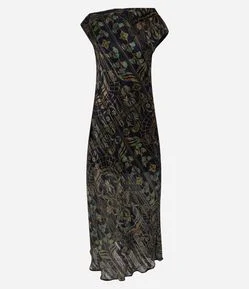 Vestido Longo em Chiffon com Gola Degagê e Estampa Abstrata
