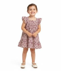 Vestido Infantil em Algodão com Babados nas Mangas e Estampa Floral - Tam 1 a 6 Anos