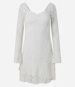 Vestido Curto Manga Longa em Renda Texturizada