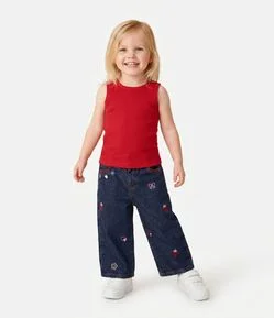 Calça Jeans Wide Infantil com Bordado Mini Ícones - Tam 1 a 6 Anos