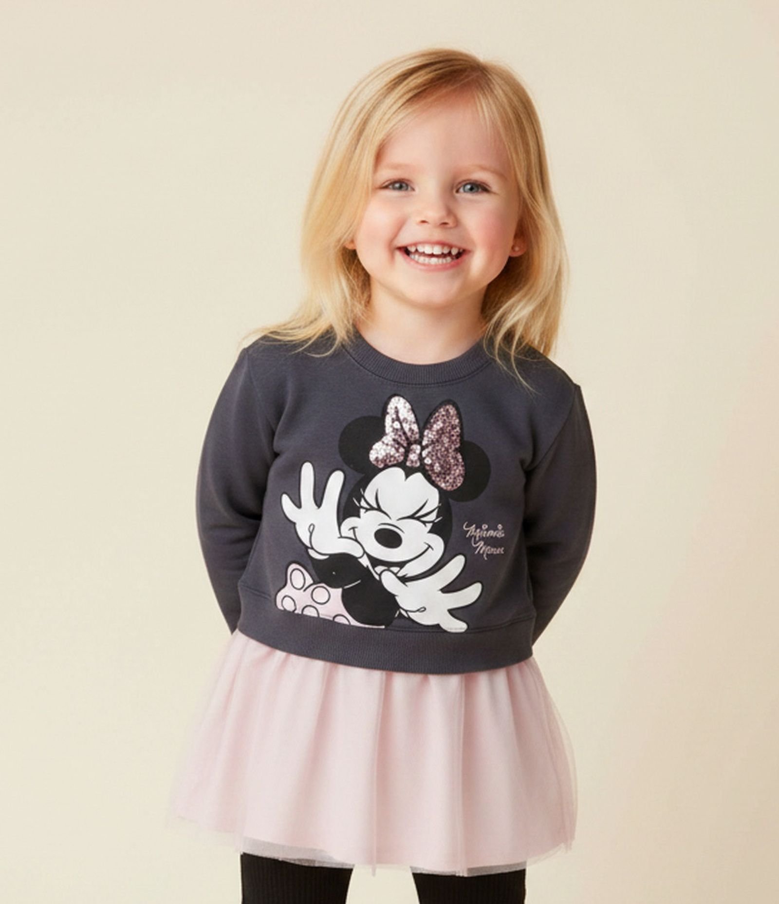 Vestido Infantil Minnie em Paetê com Saia em Tule e scrunchie – Tam 1 a 6 Anos Cinza/Rosa 1