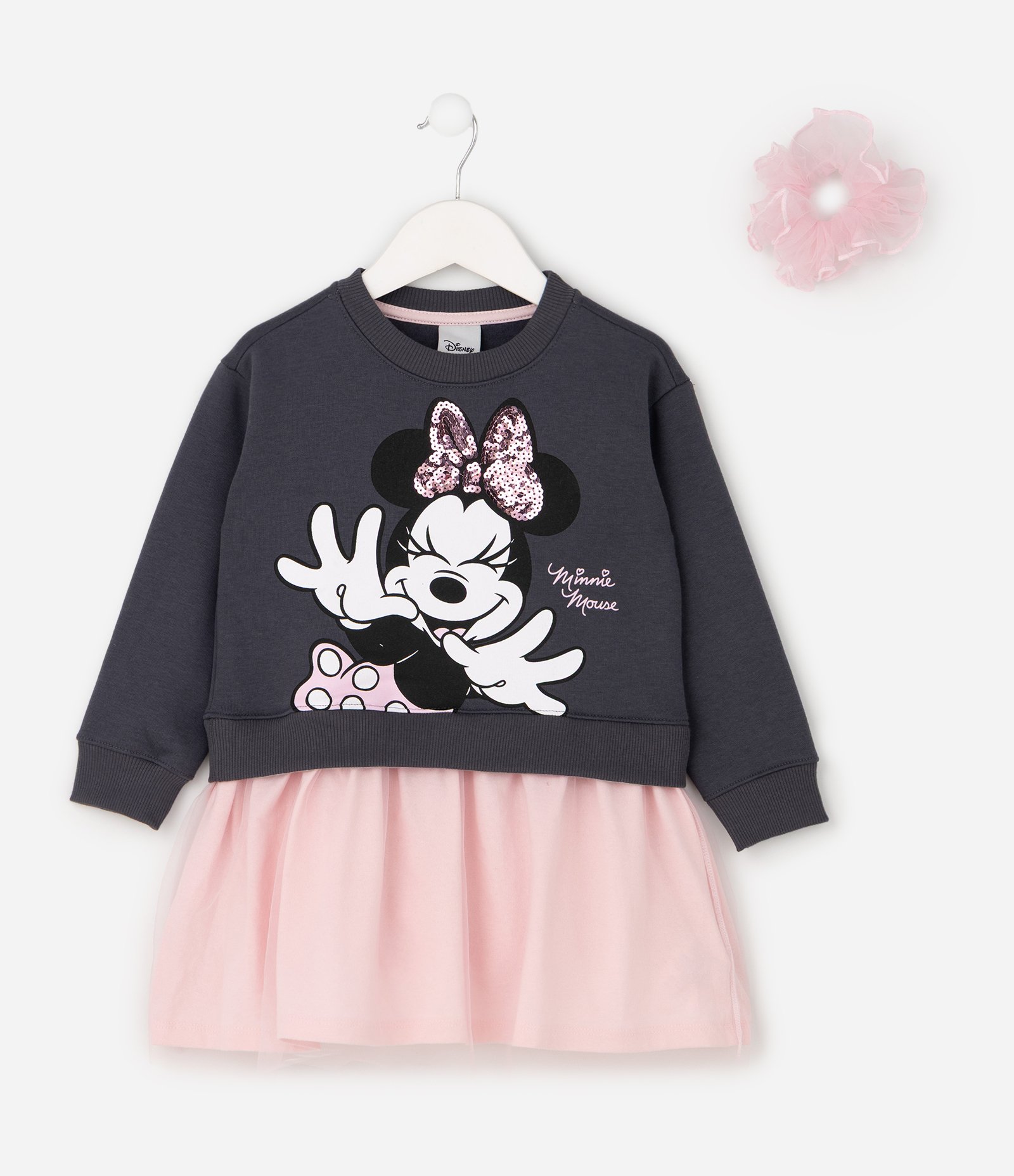 Vestido Infantil Minnie em Paetê com Saia em Tule e scrunchie – Tam 1 a 6 Anos Cinza/Rosa 2